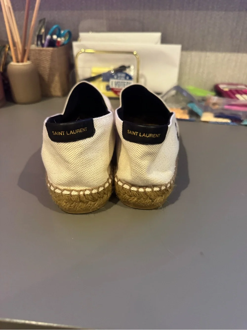 Saint Laurent Cream Canvas Espadrille Flats with Black Trim